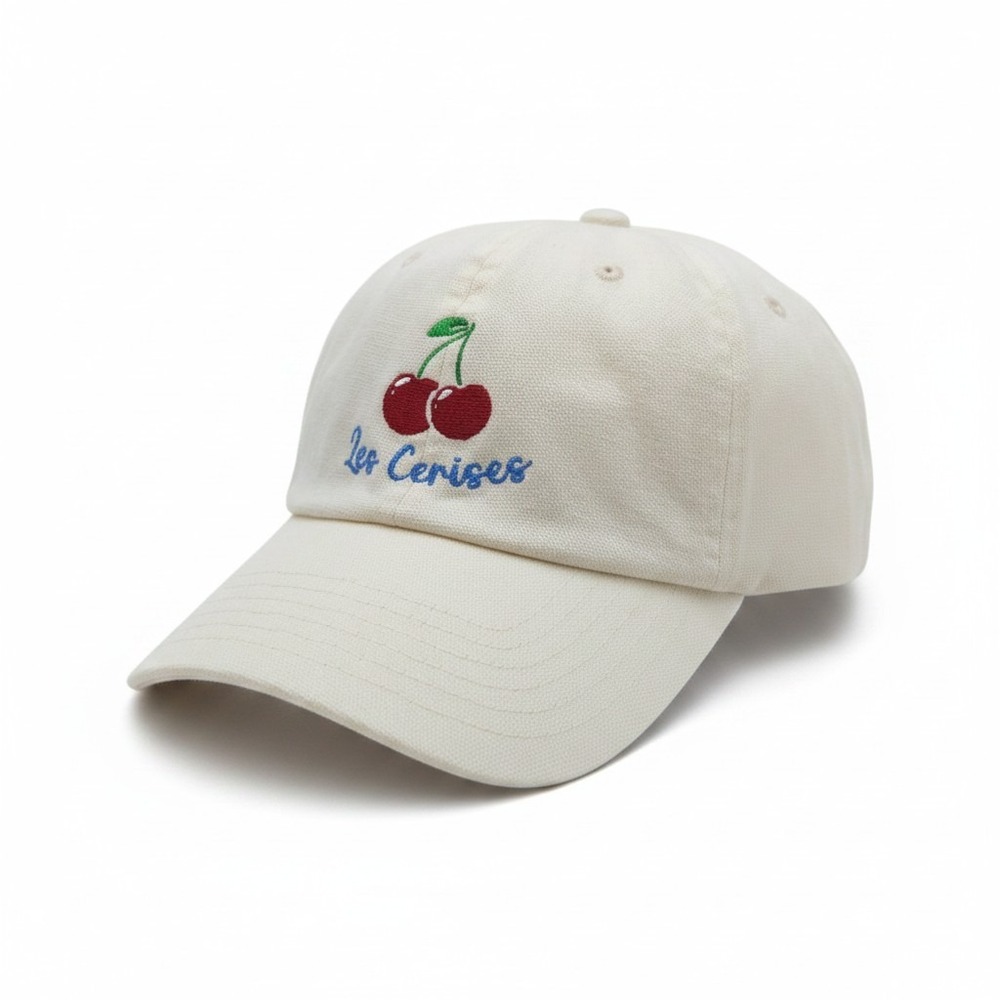 C&C California Les Cerises Cherry Embroidered Baseball Cap Cream Canvas Hat